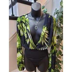 A3 DESIGN Bodysuit Women's Size M Black Green Tropical Leaf Print Long Sleeve